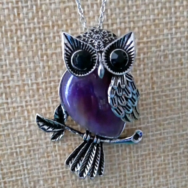 Silver Owl Pendant Necklace With Purple Stone